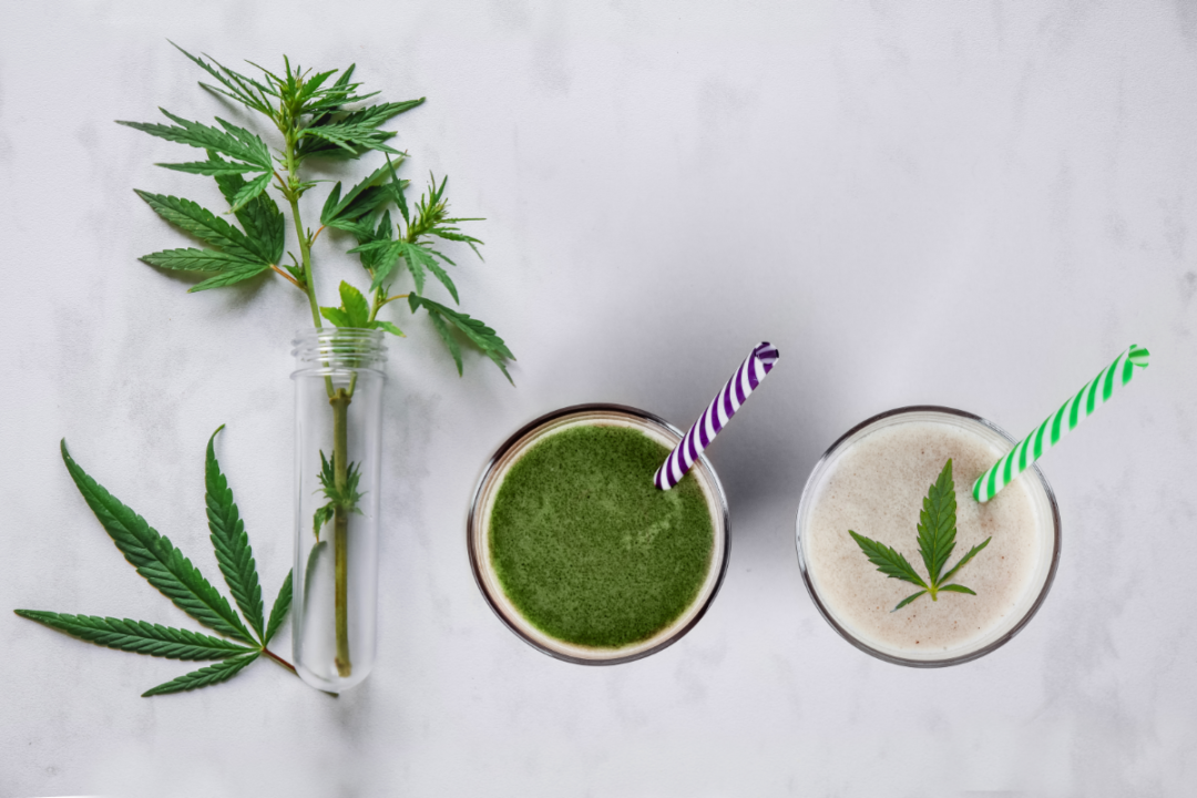 CBD and drinks with cannabis . Glasses with fresh beverage, milk and smoothies, with hemp.